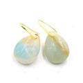A pair of geometric silver-toned earrings with a genuine green aventurine crystal water drop.