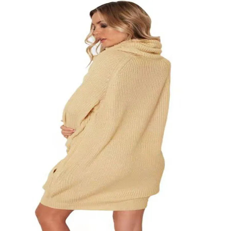 Women's loose fit lapel neck pullover sweater with pocket in light apricot colour.