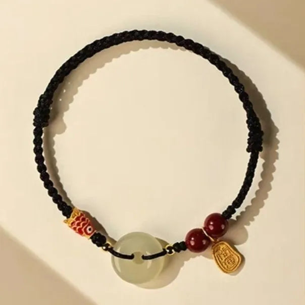 Hetian jade peace buckle bracelet 10mm round pendant with colourful braided rope