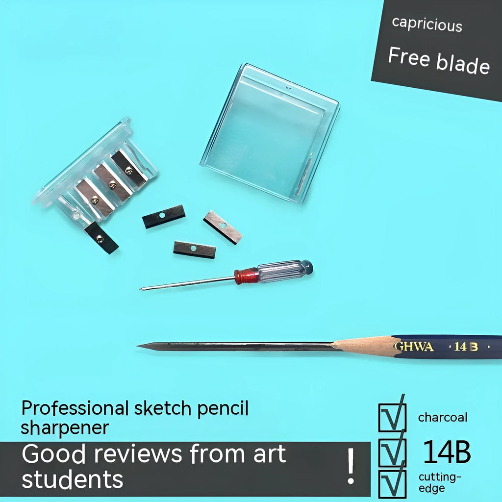 Geometric-shaped plastic pencil sharpener with four holes and an included screwdriver tool.