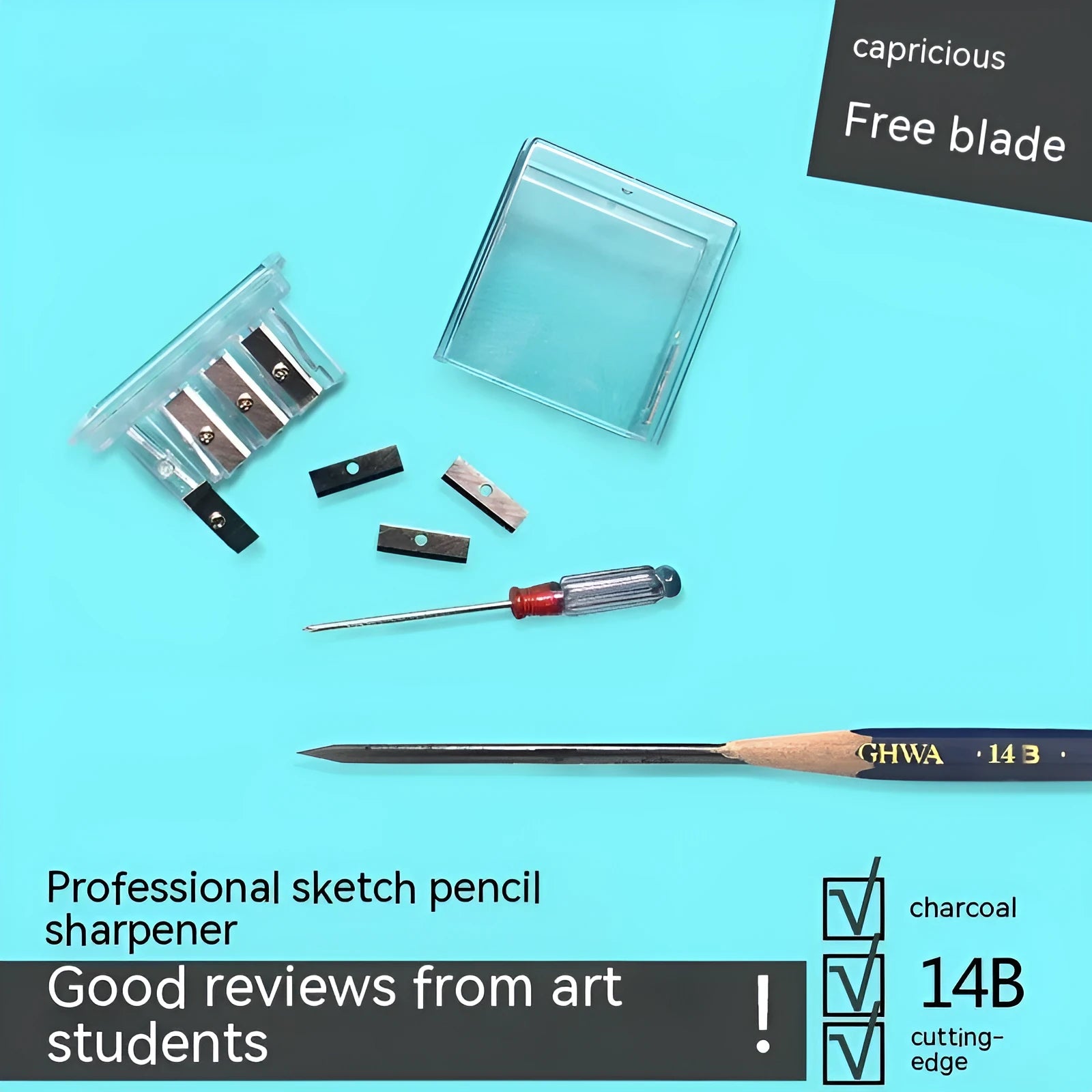 Geometric-shaped plastic pencil sharpener with four holes and an included screwdriver tool.