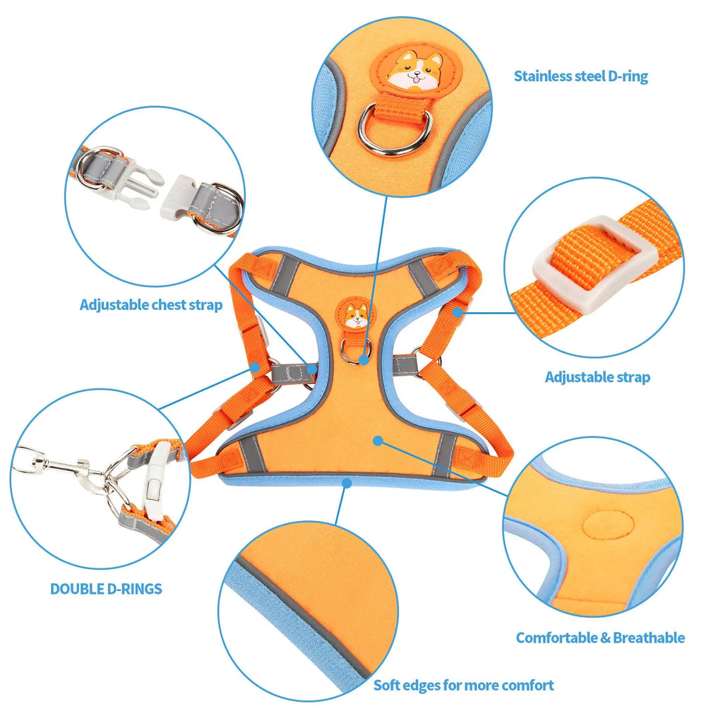 Adjustable dog harness with haulage rope and vest strap in multiple colours.