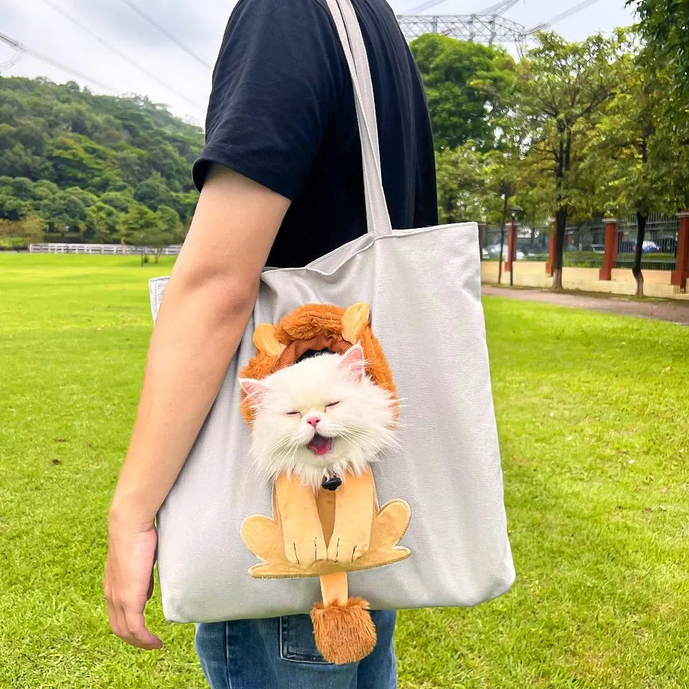 Canvas shoulder pet carrier bag with cartoon print for small cats and dogs