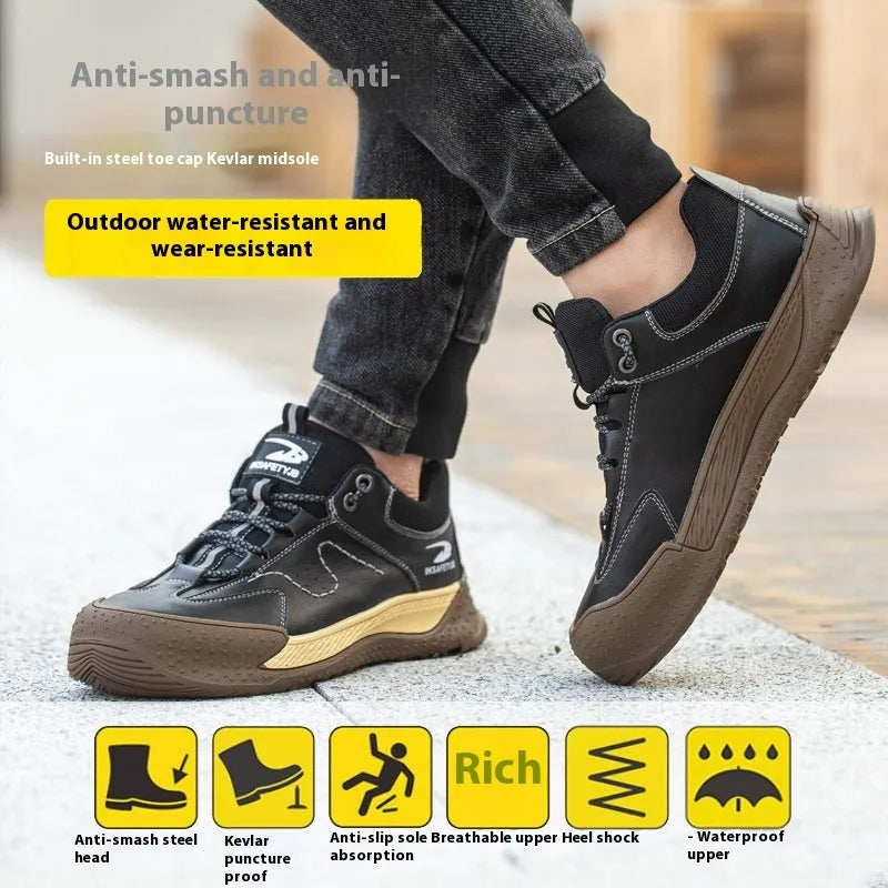 Flyknit work safety shoes in black leather with a rubber sole, shown in a UK size 42.