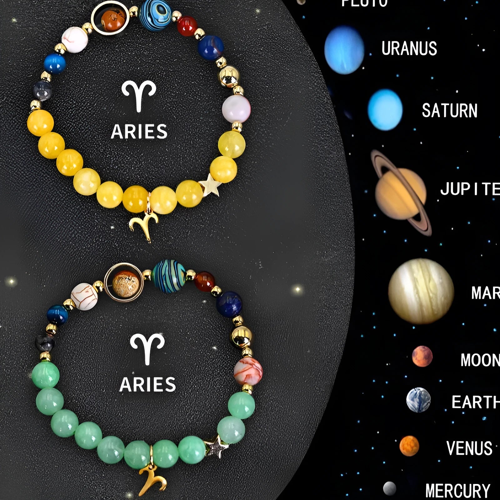 Set of two natural stone beaded bracelets with detailed zodiac sign charms on a white background.