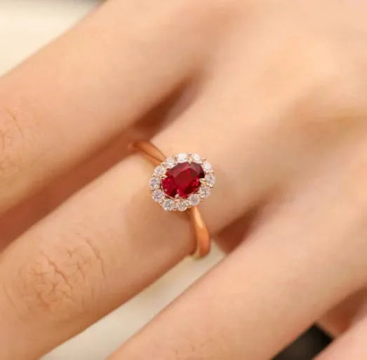 Gold Pigeon red blood gemstone silver-plated ring with floral design on white background