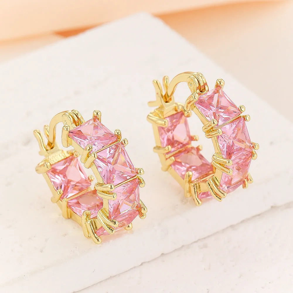 Geometric U-shaped women's ear rings with gold electroplating and zircon crystals