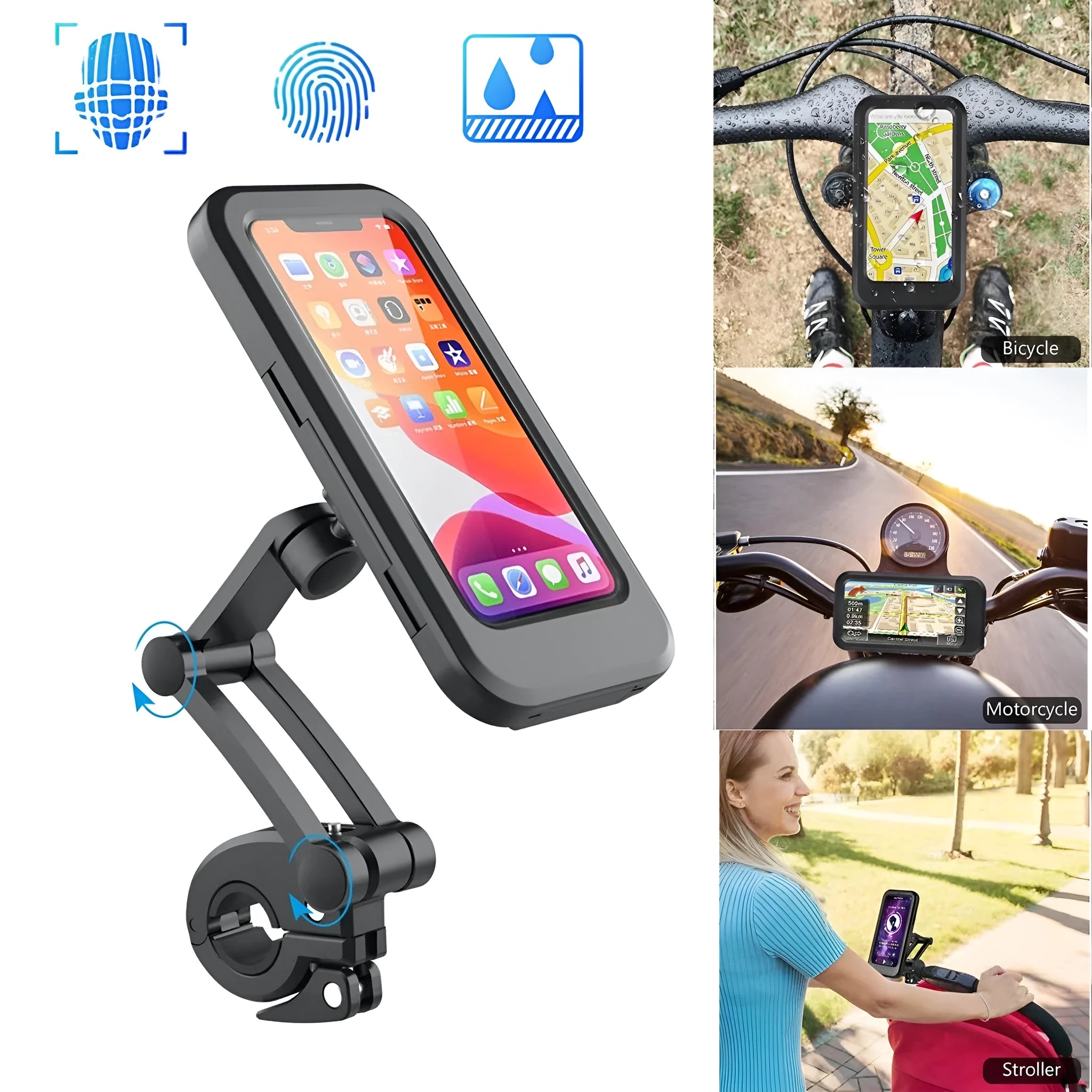 Adjustable waterproof bicycle phone holder mount in black, holding a smartphone on a handlebar with magnetic suction and 360-degree rotation