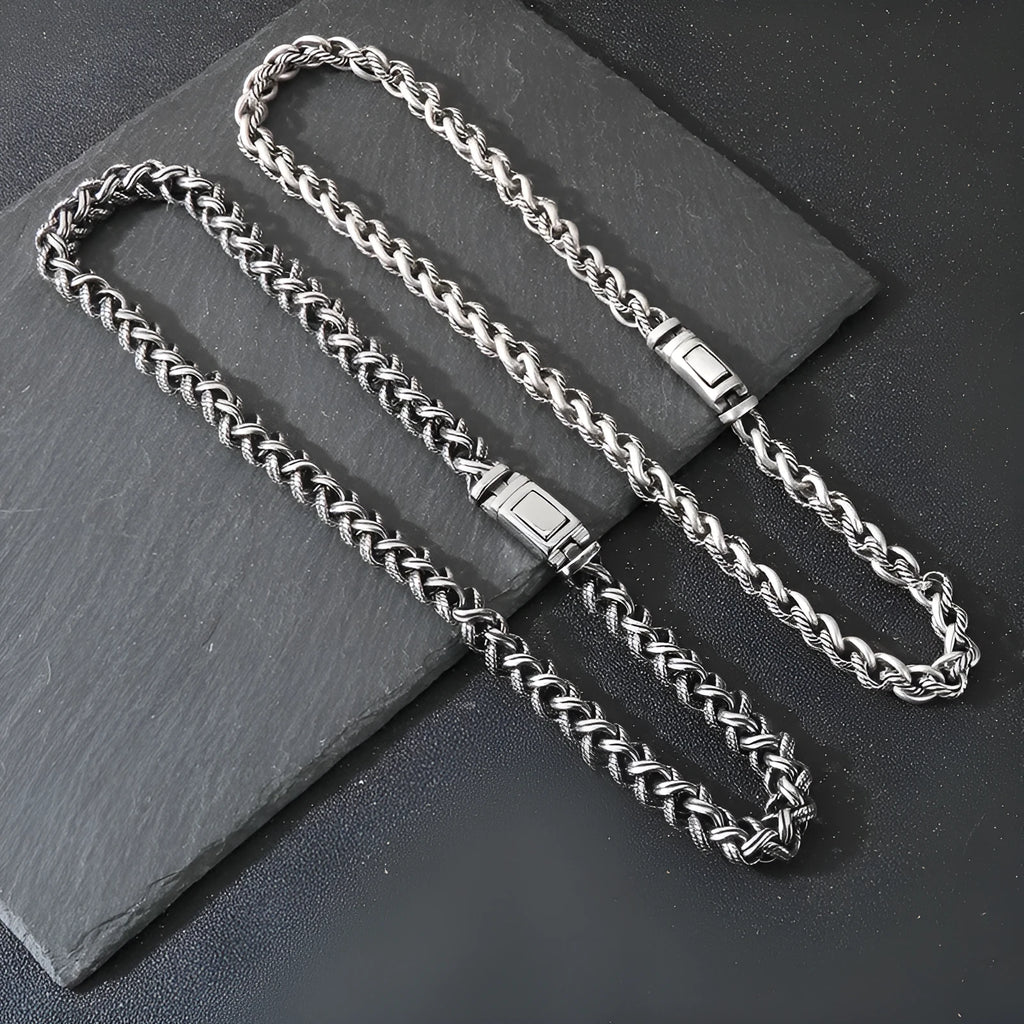 Men's titanium steel keel chain necklace with geometric design on a large hemp flowers chain in antique silver.