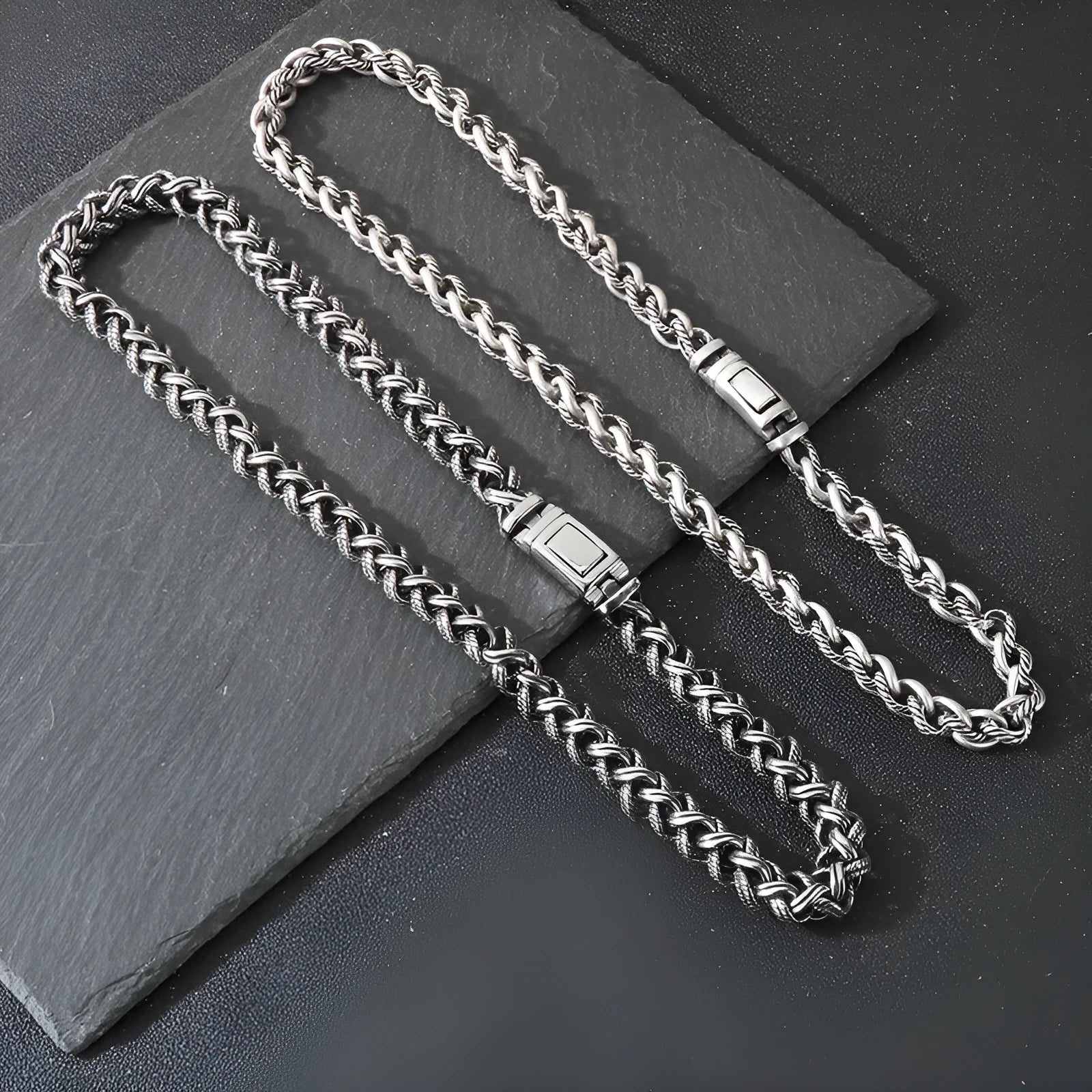 Men's titanium steel keel chain necklace with geometric design on a large hemp flowers chain in antique silver.