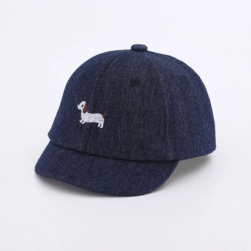 Baby denim baseball cap with puppy design in light blue, sunshade brim, 48cm size