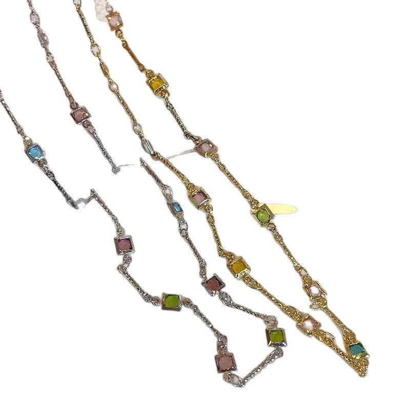 Square colour fine clavicle chain necklace with geometric artificial crystal quadrilateral pendants