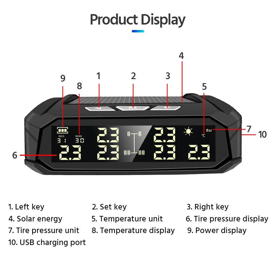 Solar-powered external tyre pressure monitor display unit with colour screen for six-wheel trucks