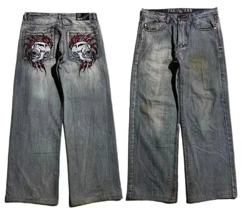 Grey washed-out men's jeans with a straight wide-leg cut and mid-rise waist