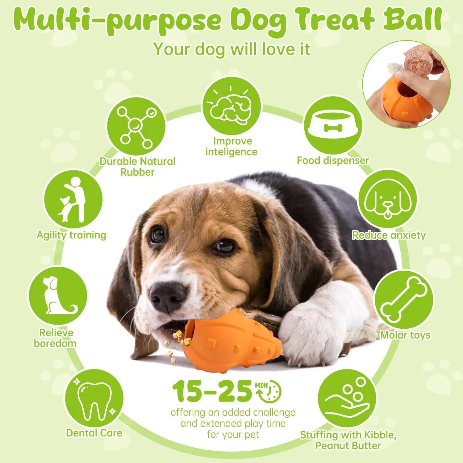 Natural rubber dog toy with treat-dispensing hollow centre and longer strap for fetch and tug