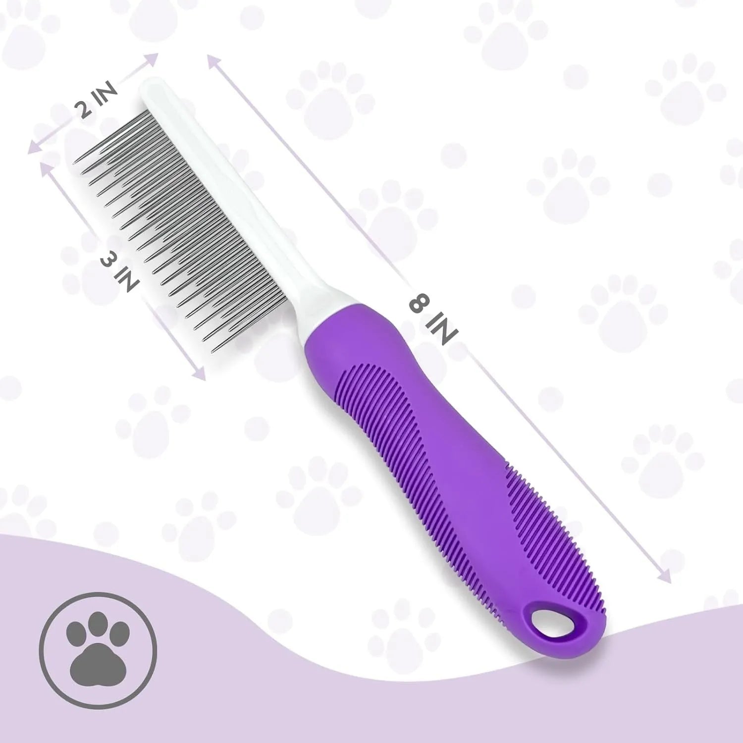 Purple pet grooming comb with stainless steel teeth for detangling cat and dog fur