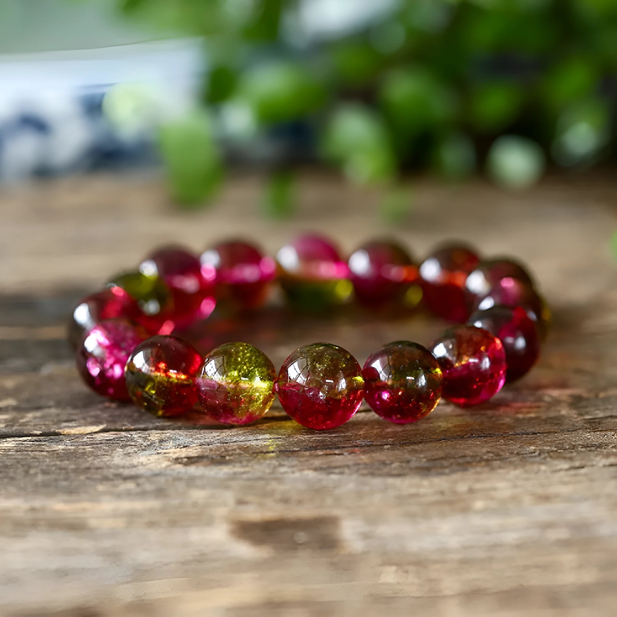 Handmade watermelon crystal bracelet for women showing pastoral design on a wrist.
