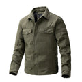 Mens quilted cotton jacket with wool lining and polo collar in army green on a plain background