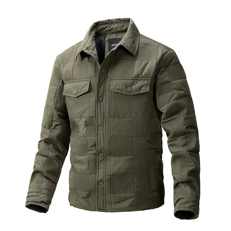 Mens quilted cotton jacket with wool lining and polo collar in army green on a plain background