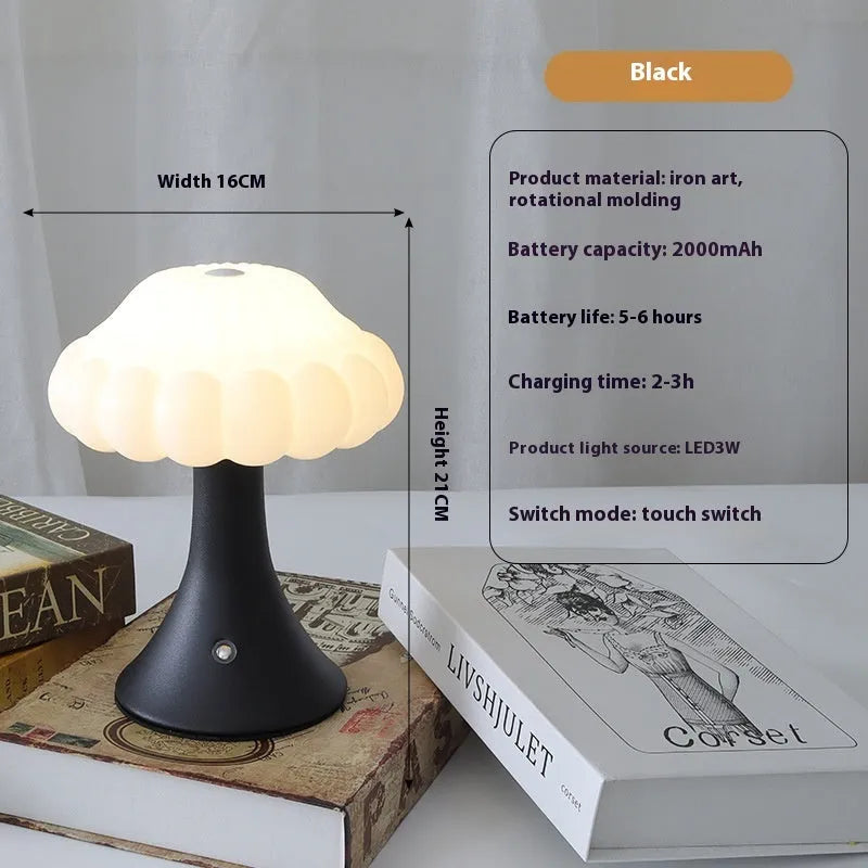 Small mushroom-shaped night lamp in wood grain colour with USB charging port and touch control.