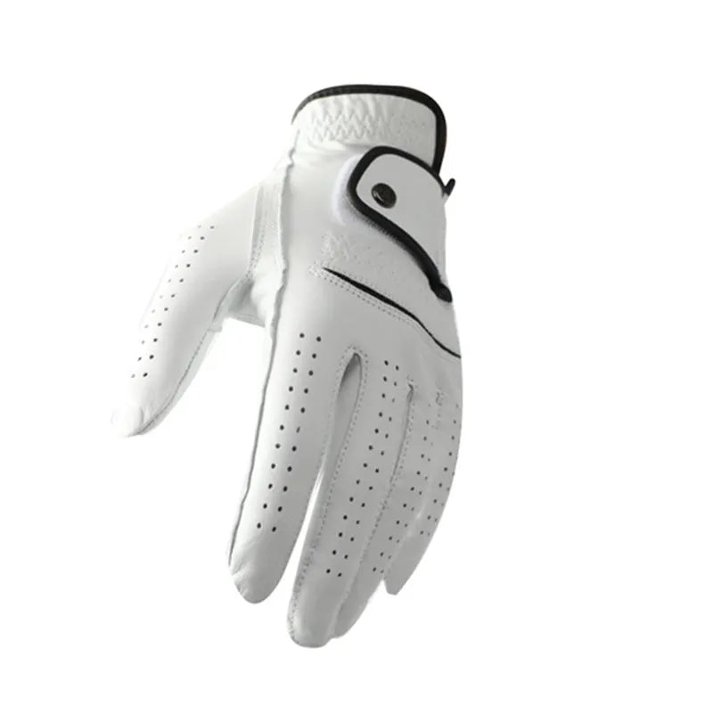 White half sheepskin men's golf glove showing non-slip palm and finger construction.