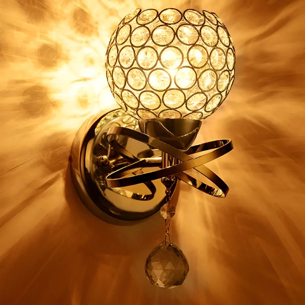 Creative crystal bedside wall lamp with gold pendant, E27 fitting, 145x245x100mm, for corridor use