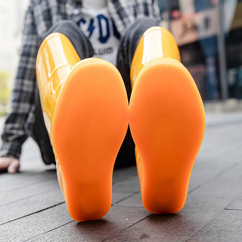 Flat washable PVC rain boots for men in white, with high tube and round toe - labour protection footwear