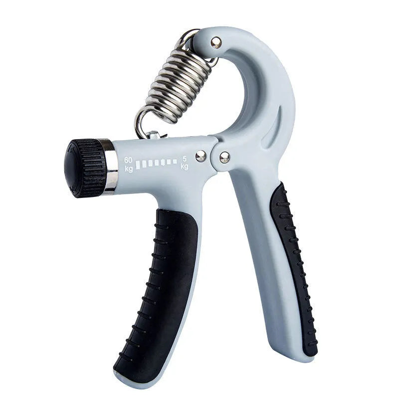 Adjustable counting hand gripper with black handles and built-in mechanical counter on a white background