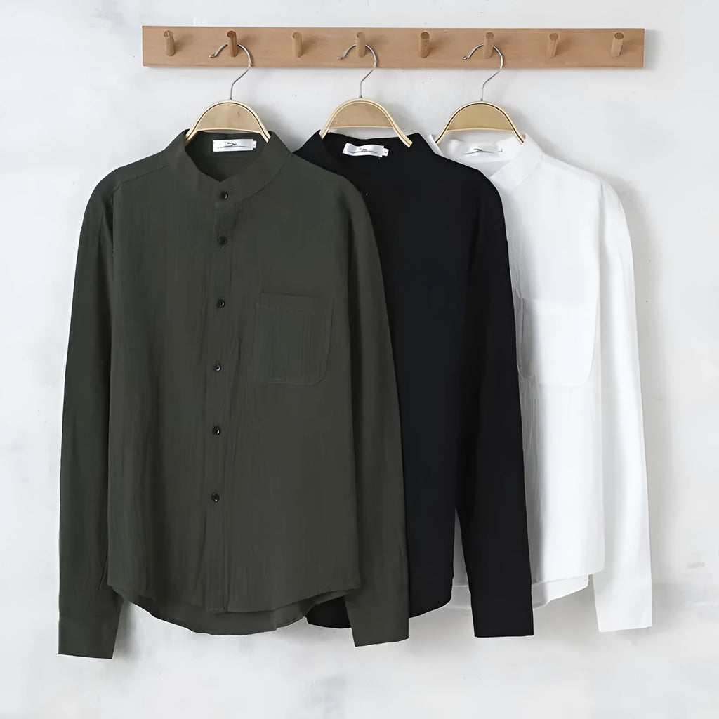 Solid colour men's long sleeve round neck casual loose linen shirt in green cotton-linen blend