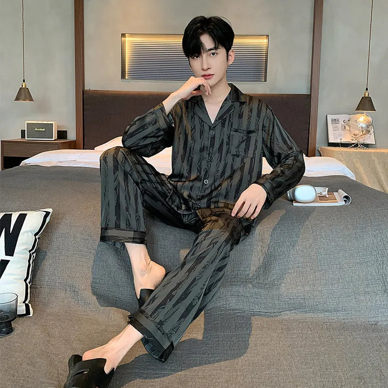 Ice silk men's pajama set with V-neck long sleeve top and thin trousers in Black Stripes