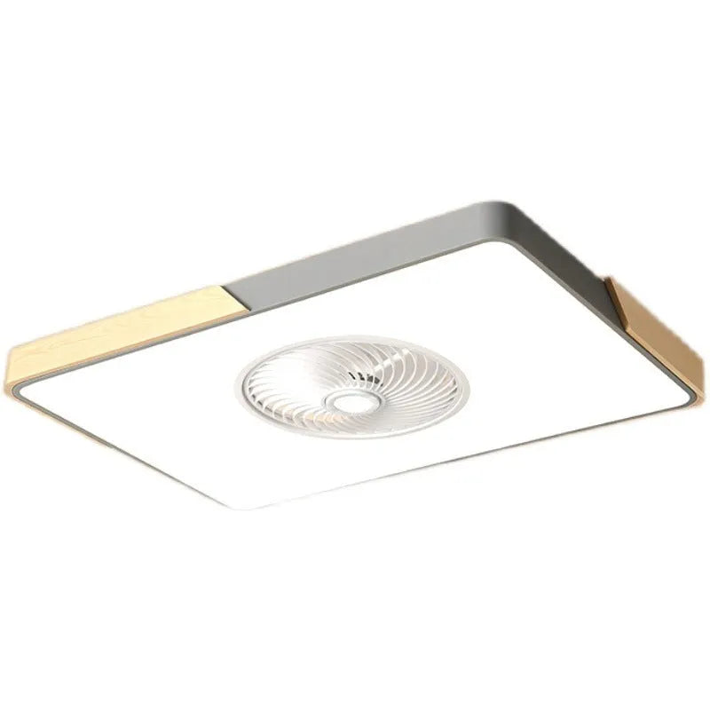 Nordic ceiling fan light with solid wood frame and white PVC lampshade, shown in round, square, and rectangular shape options.