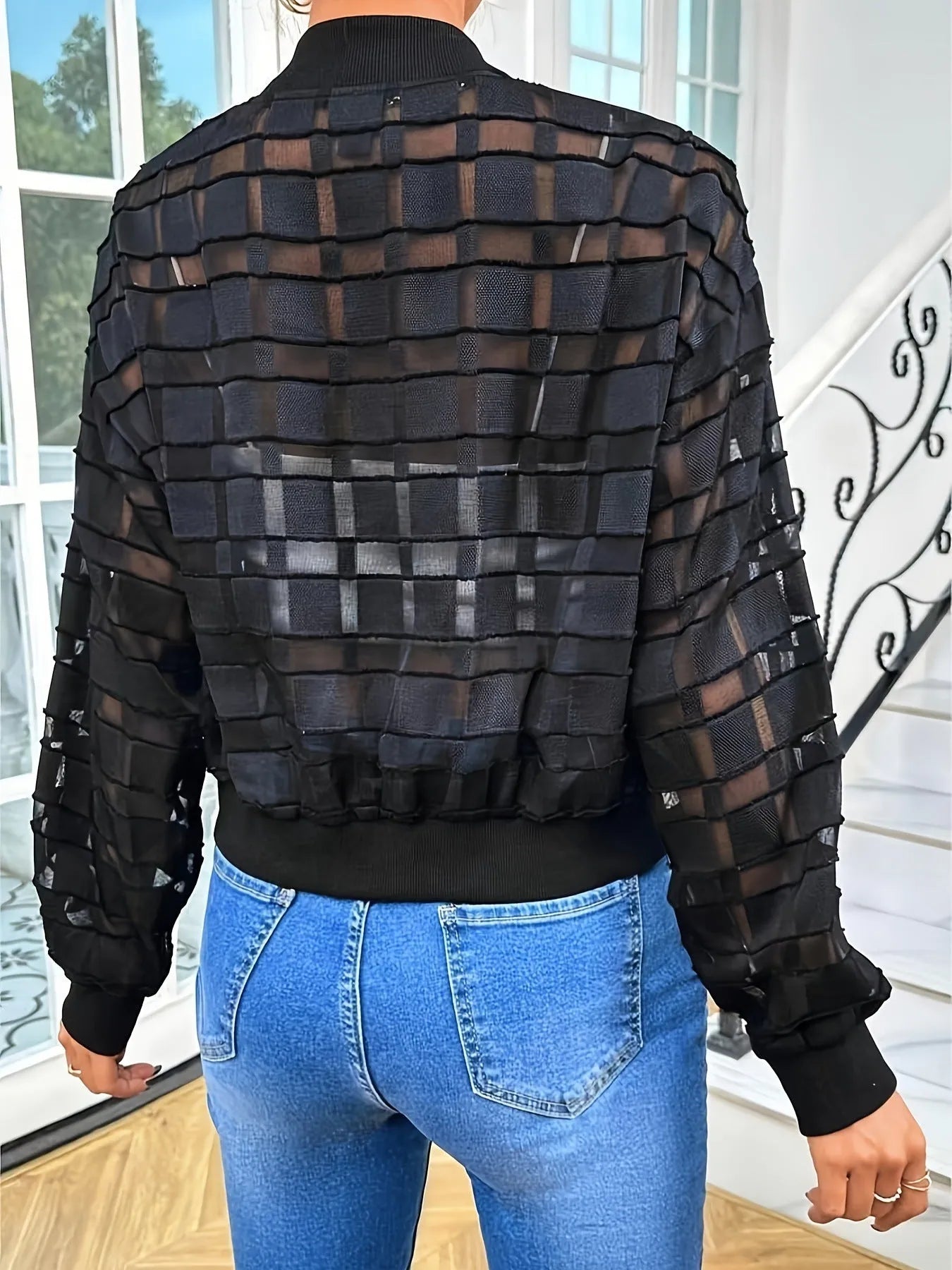 Black women's semi-transparent geometric pattern casual jacket with threaded zipper front closure