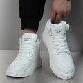 Men's white round toe casual sneakers with a microfiber upper on a grey background.