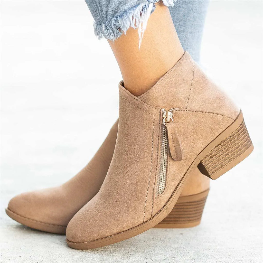 Women's low heel side zipper ankle boots in suede leather – pointed toe, thick heel, available in blue