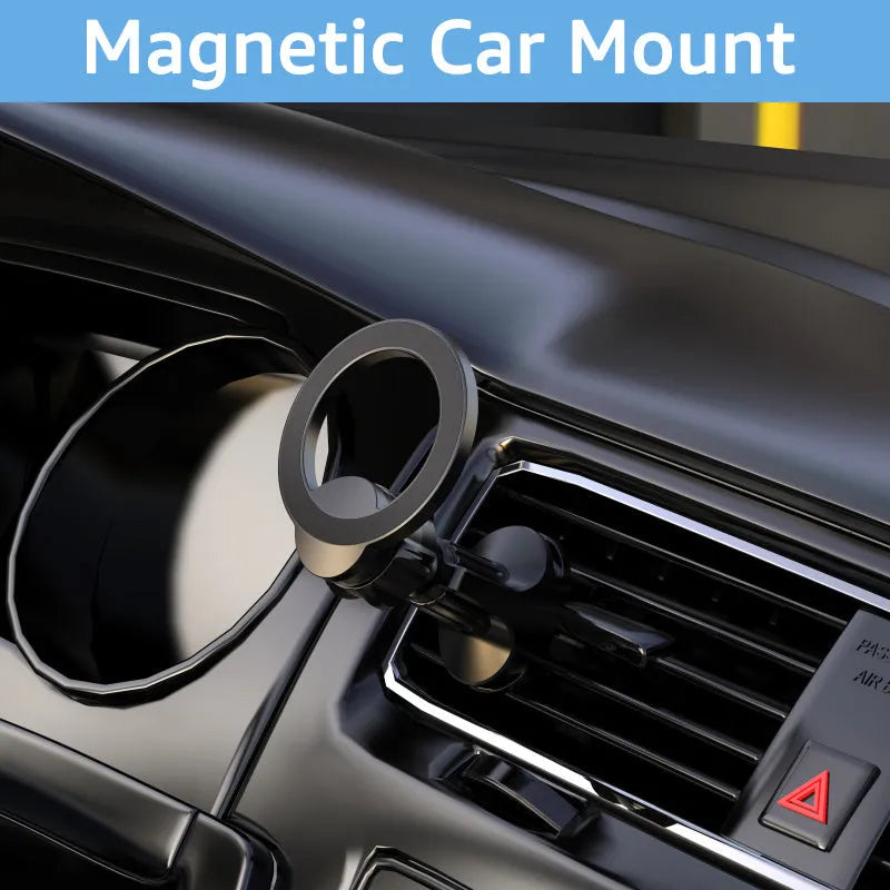 Black magnetic car air vent phone holder with O‑ring bracket for mobile phones up to 6.8 inches.