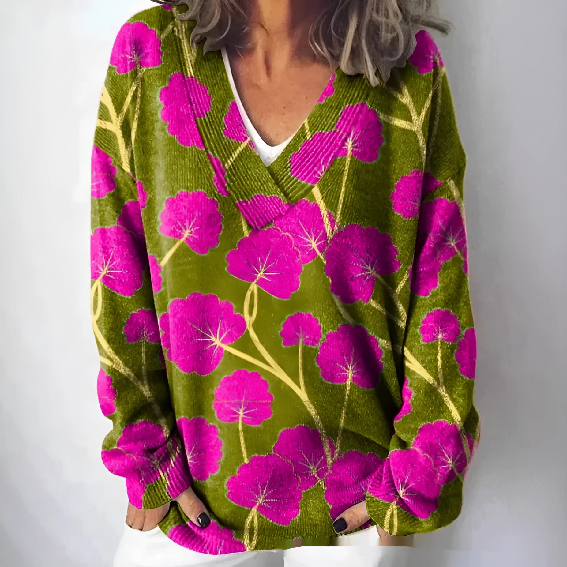 Women's V-neck long sleeve sweatshirt with a 3D floral print in an art retro style.