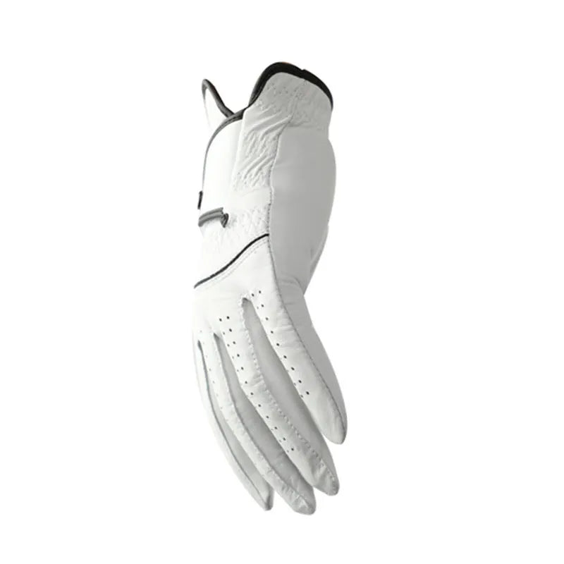 White half sheepskin men's golf glove showing non-slip palm and finger construction.
