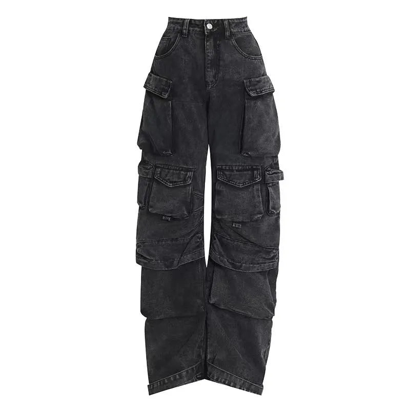 Women's blue tie-dyed wide-leg high-waist jeans with multiple pockets on a street hipster style denim overall.