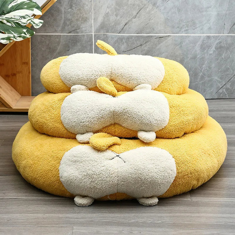 Corgi shaped plush pet bed for dogs and cats in Size L, PP cotton filled, beige and brown colours