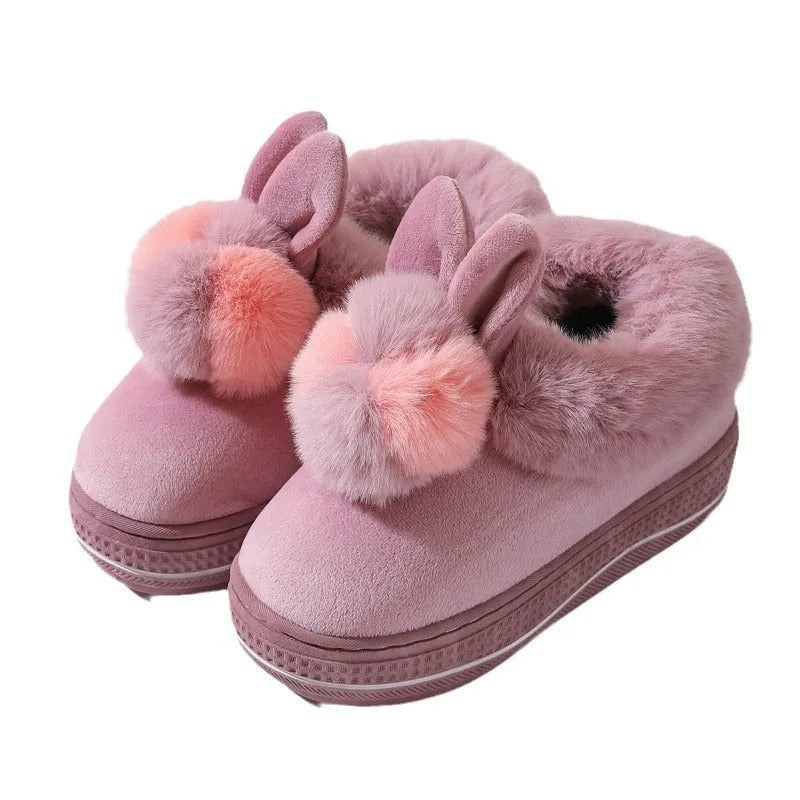 Winter high heel thick-soled cotton slippers in gray with non-slip TPR sole and plush upper