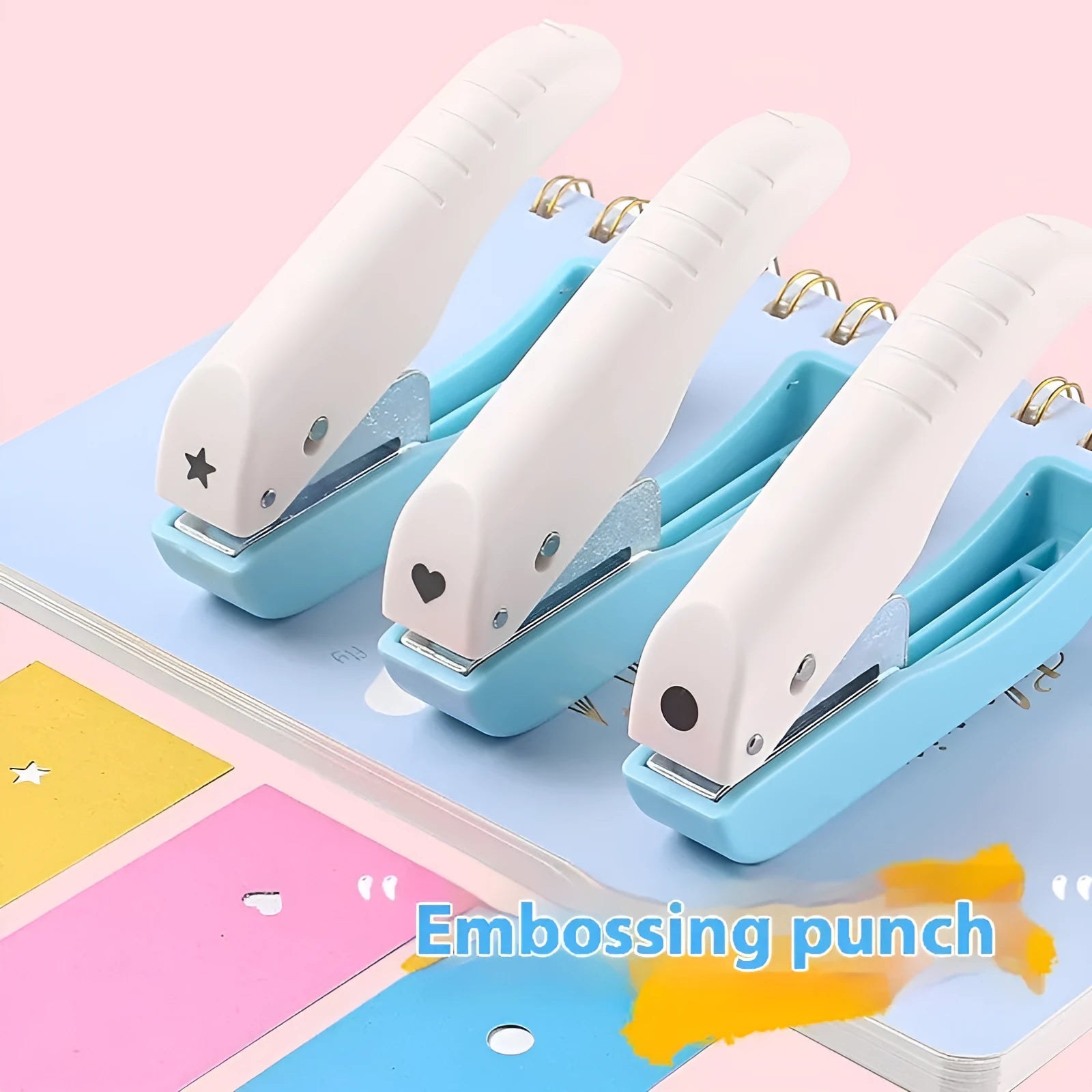 Manual embossing punching machine with love, star, 4mm and 6mm round dies for paper crafts.