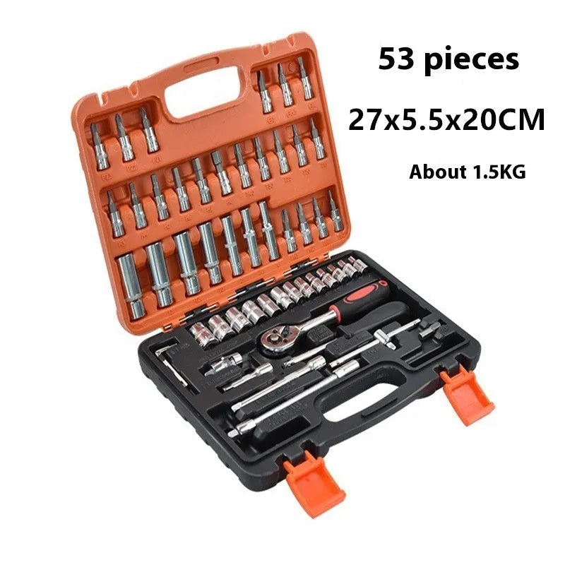 53-piece red and black socket wrench tool set in storage box for home maintenance
