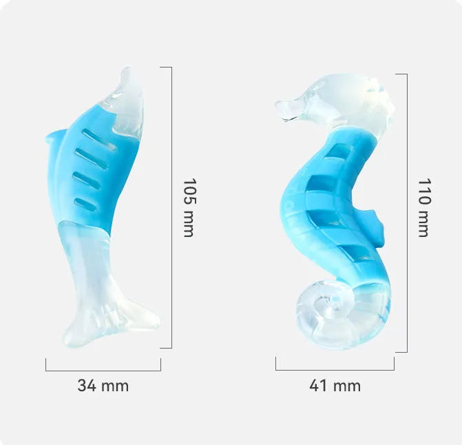 Two dog chew toys: seahorse and tuna shapes made from PU nylon with textured surfaces for teeth cleaning, each 15cm long