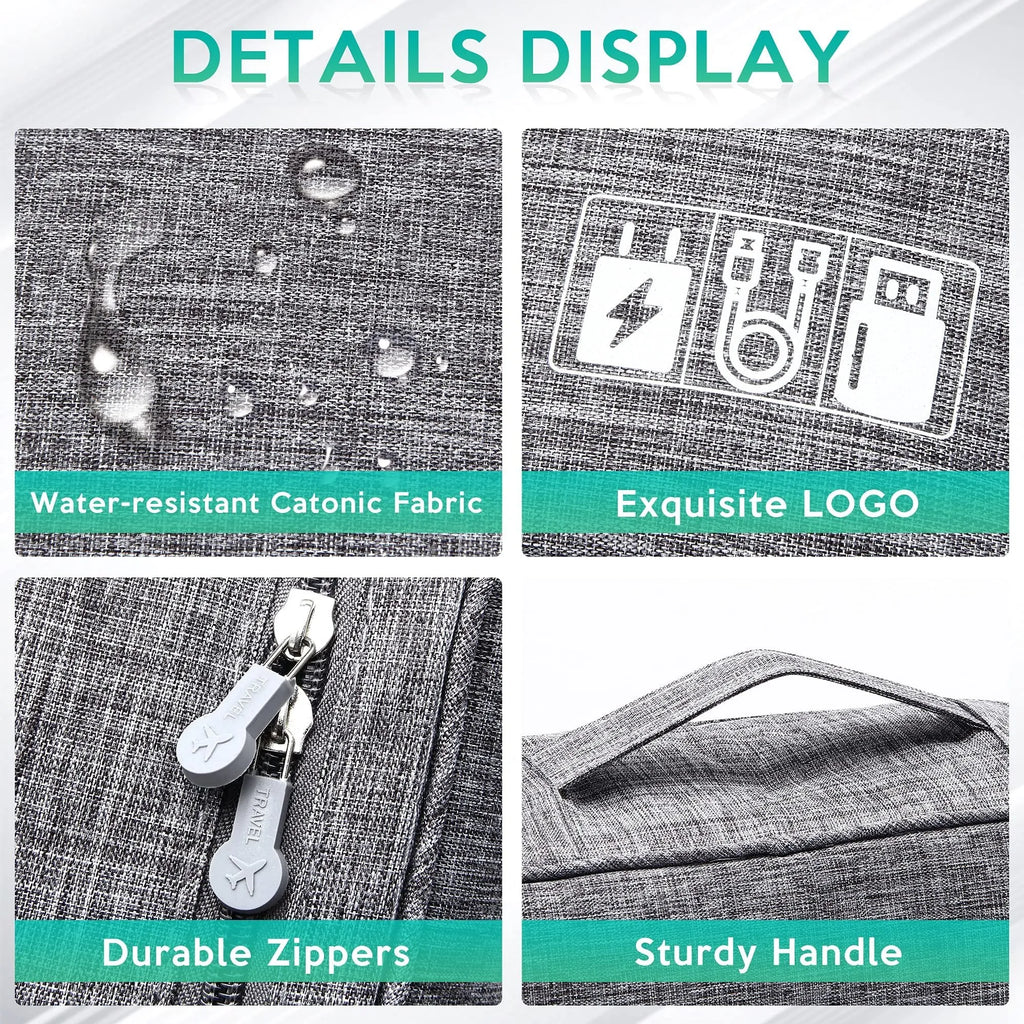 Black electronics organiser case open to show mesh pockets, elastic loops and removable padded dividers inside.