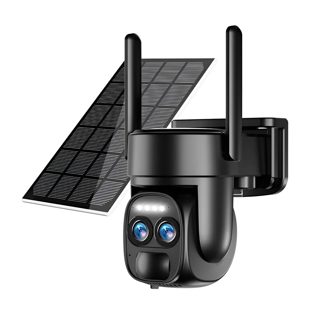 Solar-powered outdoor security camera with 8x zoom lens and dual 4G/WiFi connectivity options