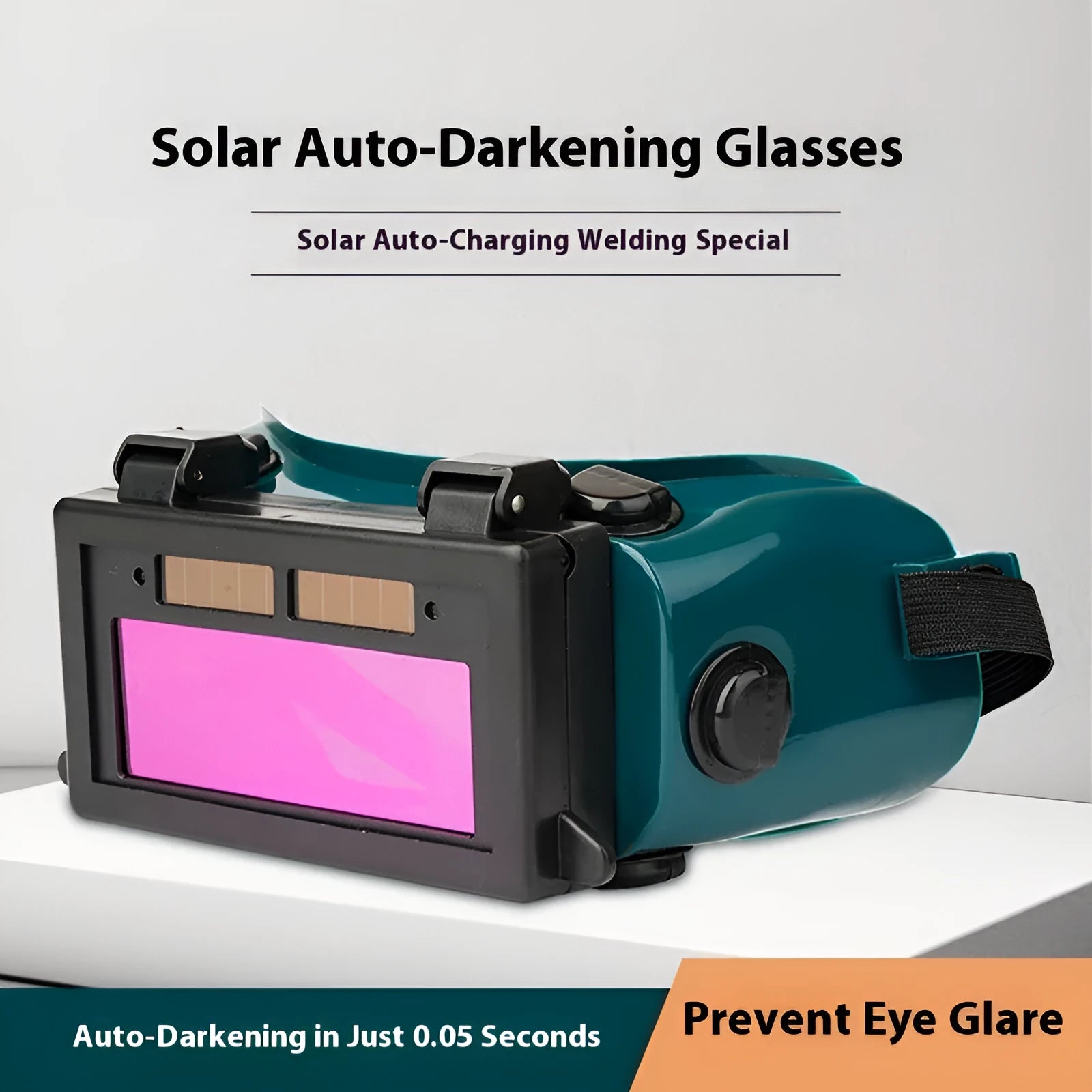 Light-changing electric welding glasses head-mounted type in green with flip dimmer and PVC frame