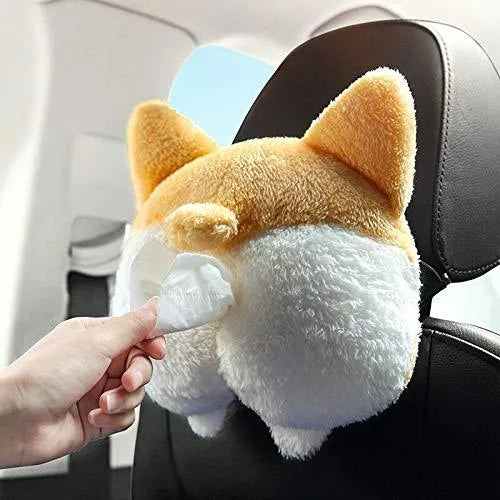 Yellow corgi butt-shaped soft tissue box cover with elastic strap for car sun visor.