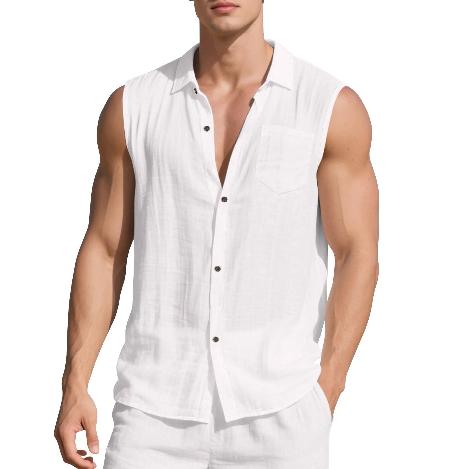 Sleeveless linen polo collar cardigan vest in light blue, loose fit, on a white background