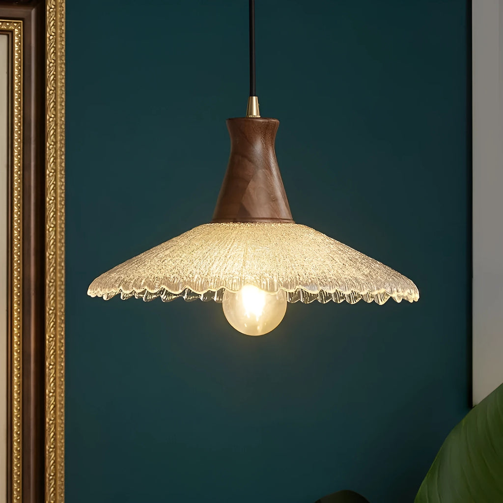 Wood and glass ceiling chandelier with brass finish, shown in small, medium and large sizes.
