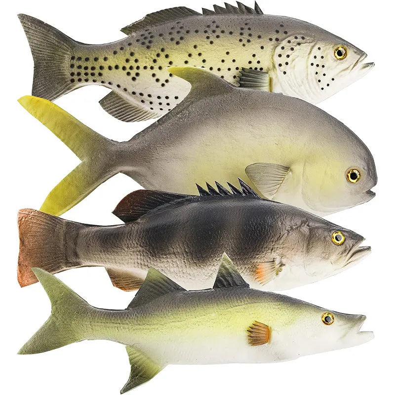 Three PU simulated fish ornaments: flower fish, small tuna, and yellow croaker with detailed textures
